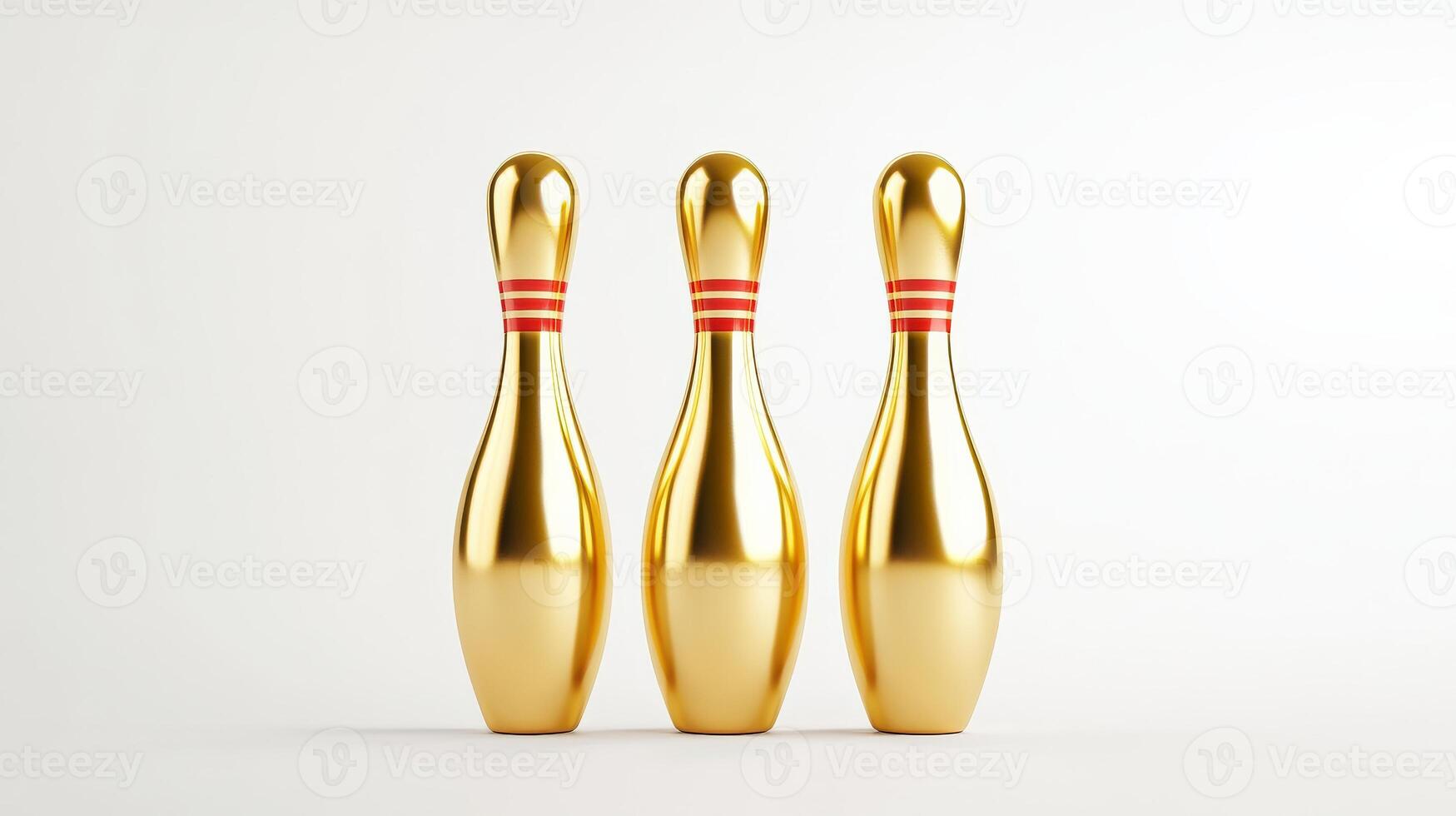 Three shiny golden bowling pins arranged neatly, symbolizing fun and leisure in bowling sports. photo