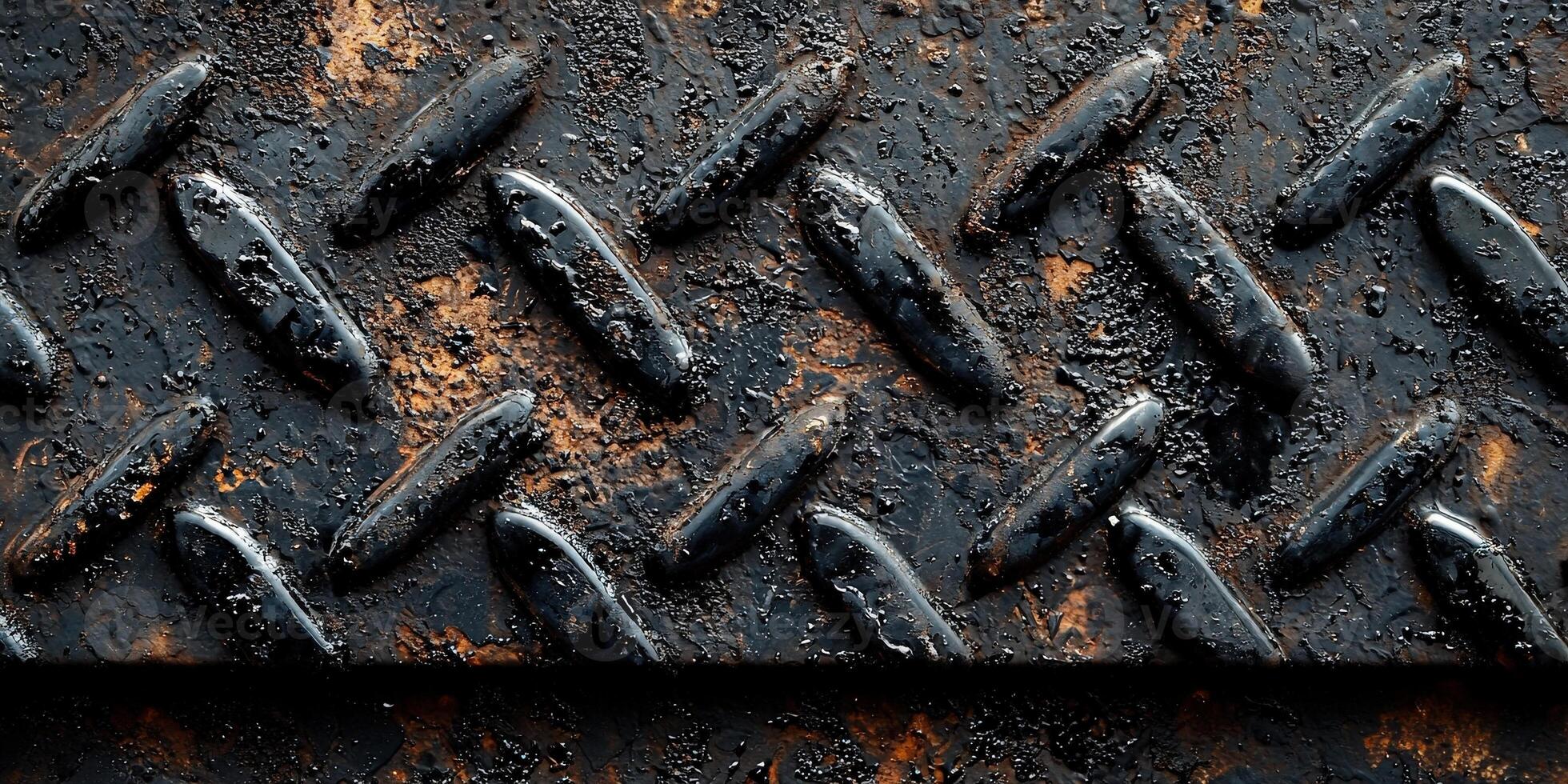 Close-up of a textured metal surface with diamond patterns and rust, showcasing the raw beauty of industrial design. photo