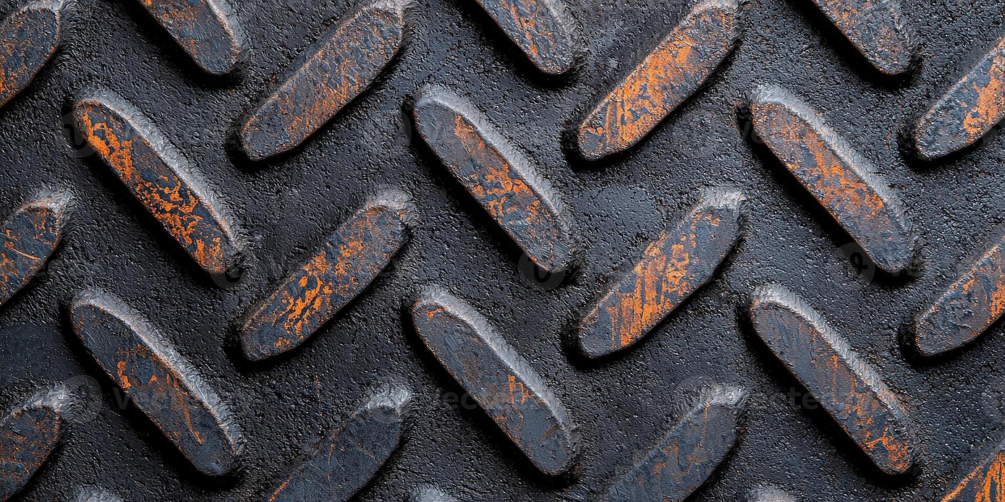 Close-up of textured metal flooring with a diamond pattern, showcasing wear and a blend of black and rust colors. photo