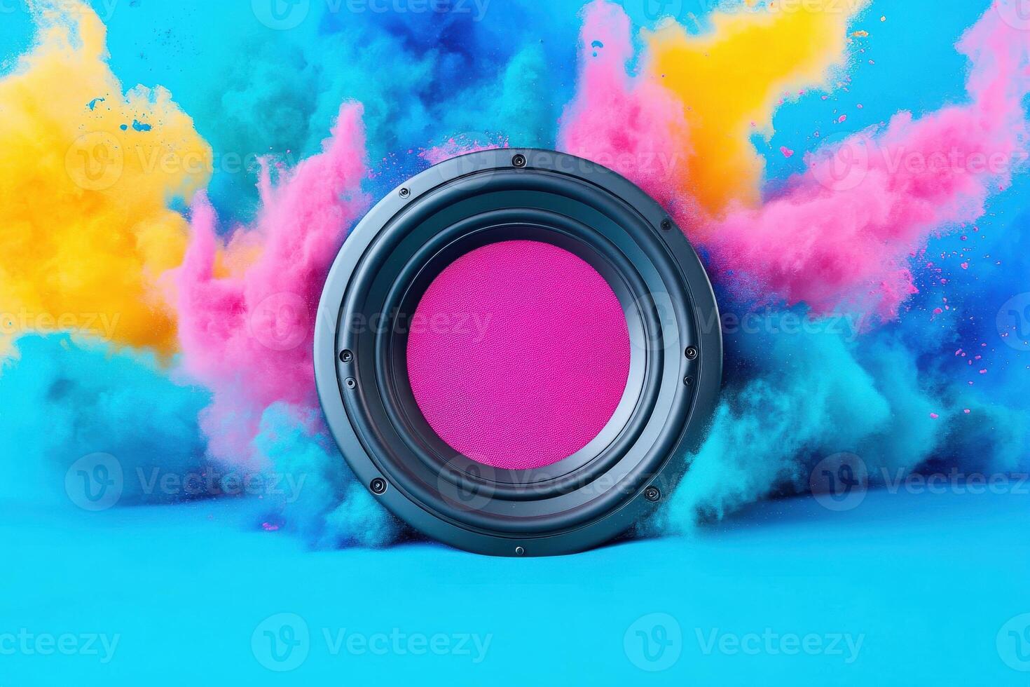 A vibrant explosion of colored powder surrounds a circular design, creating a dynamic and artistic visual effect. photo