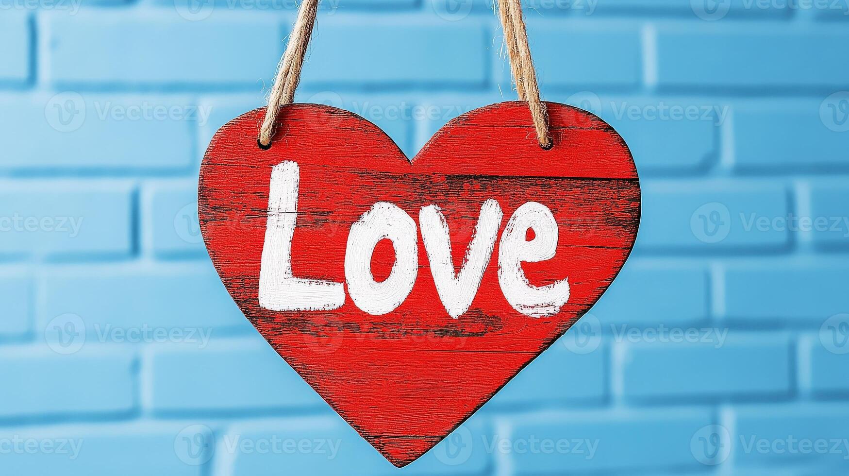 A vibrant red heart-shaped sign displaying the word 'Love' against a blue brick background, symbolizing affection and warmth. photo