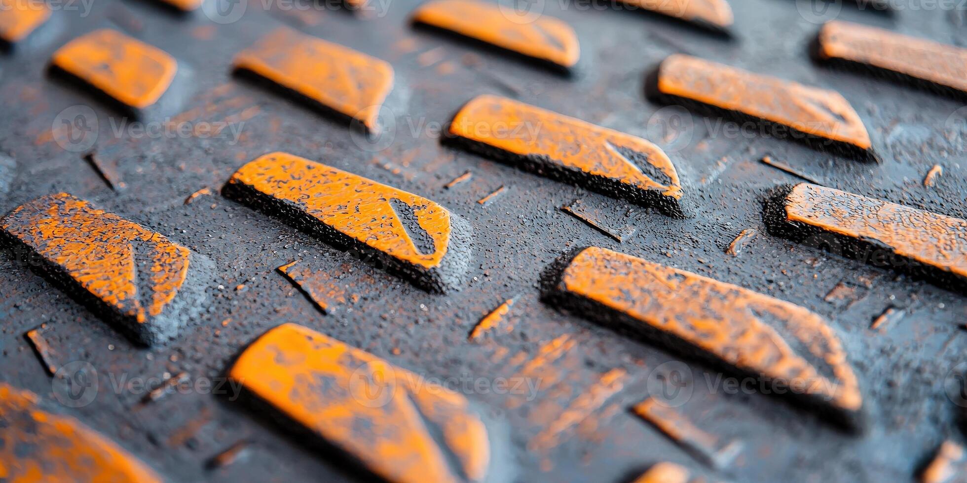 Close-up view of a textured metal surface with orange rust and raised patterns showcasing industrial design. photo