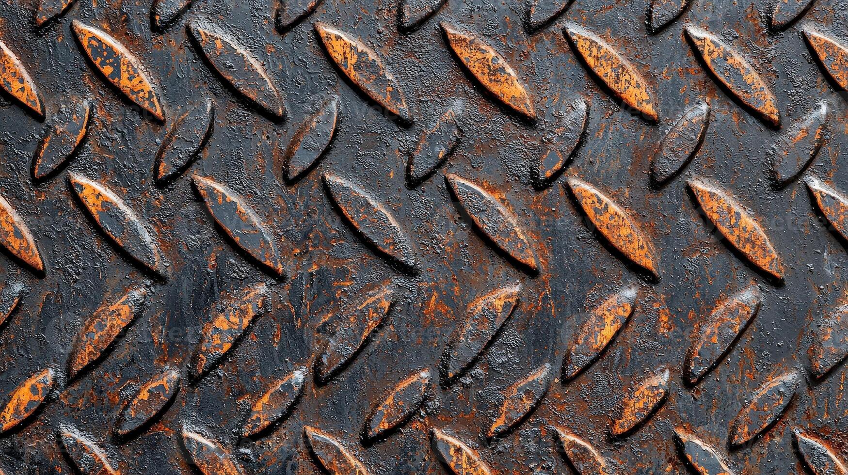 Close-up of a rusted metal surface with diamond plate texture, showcasing industrial design and wear over time. photo