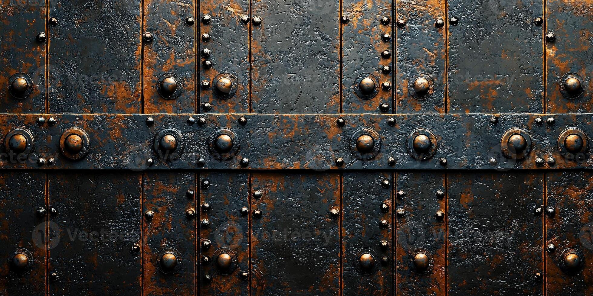 An antique metal door with intricate rivets and a rustic finish, showcasing age and character in design. photo