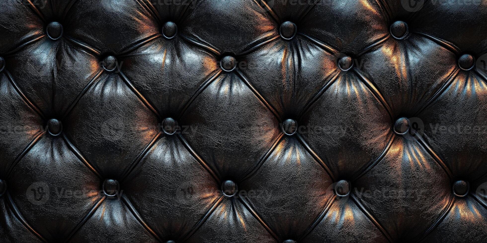 A close-up view of a classic black leather tufted upholstery, showcasing its texture and elegant design. photo