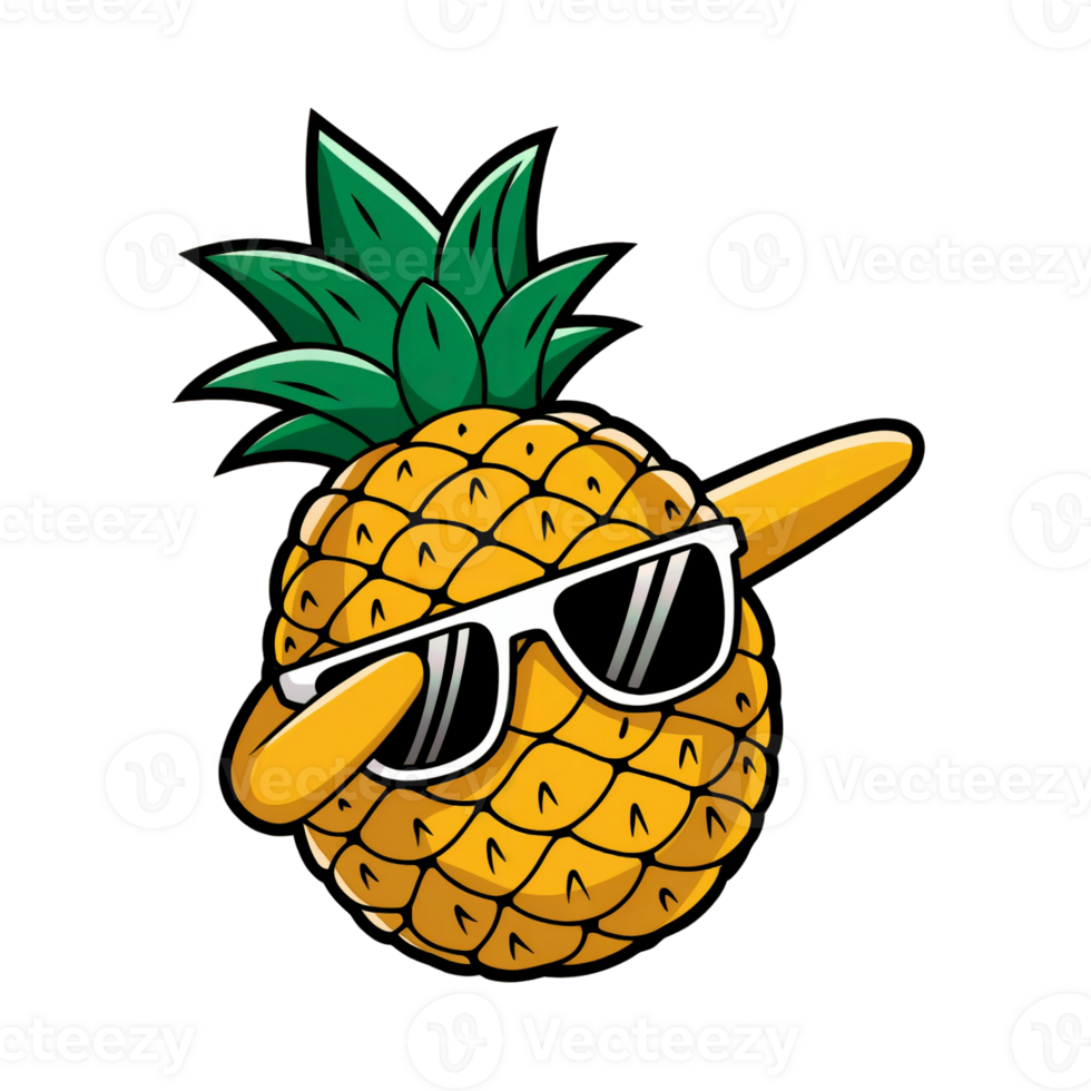 A cartoon pineapple wearing sunglasses is striking a dab pose cutouts png