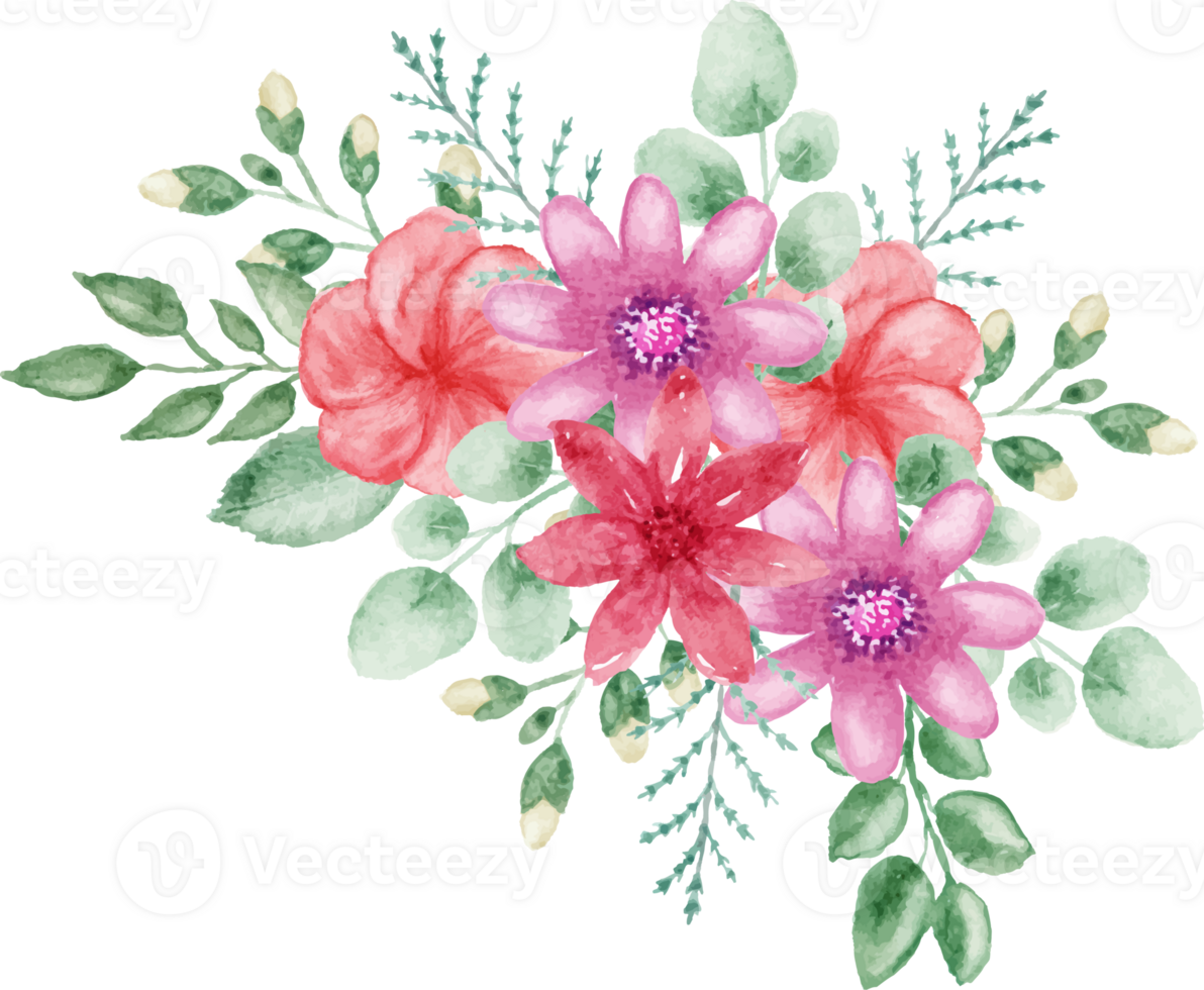 hand drawn of watercolor pink and red flowers png