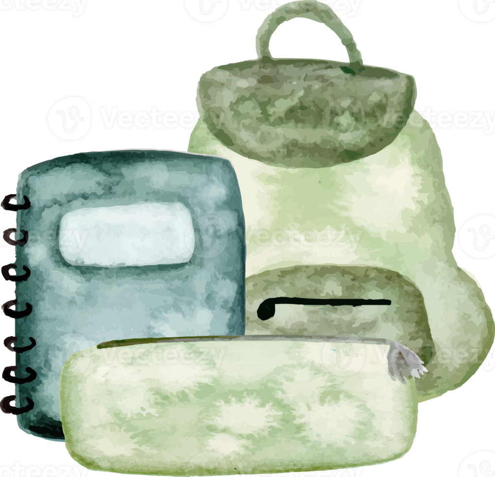 a green backpack and notebook on a transparent background png