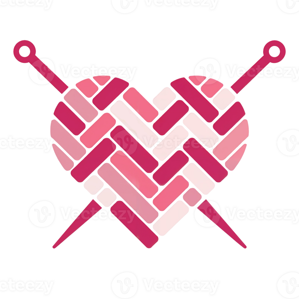 A heart shape is formed by interwoven pink and red rectangles, accompanied by two knitting needles cutouts png