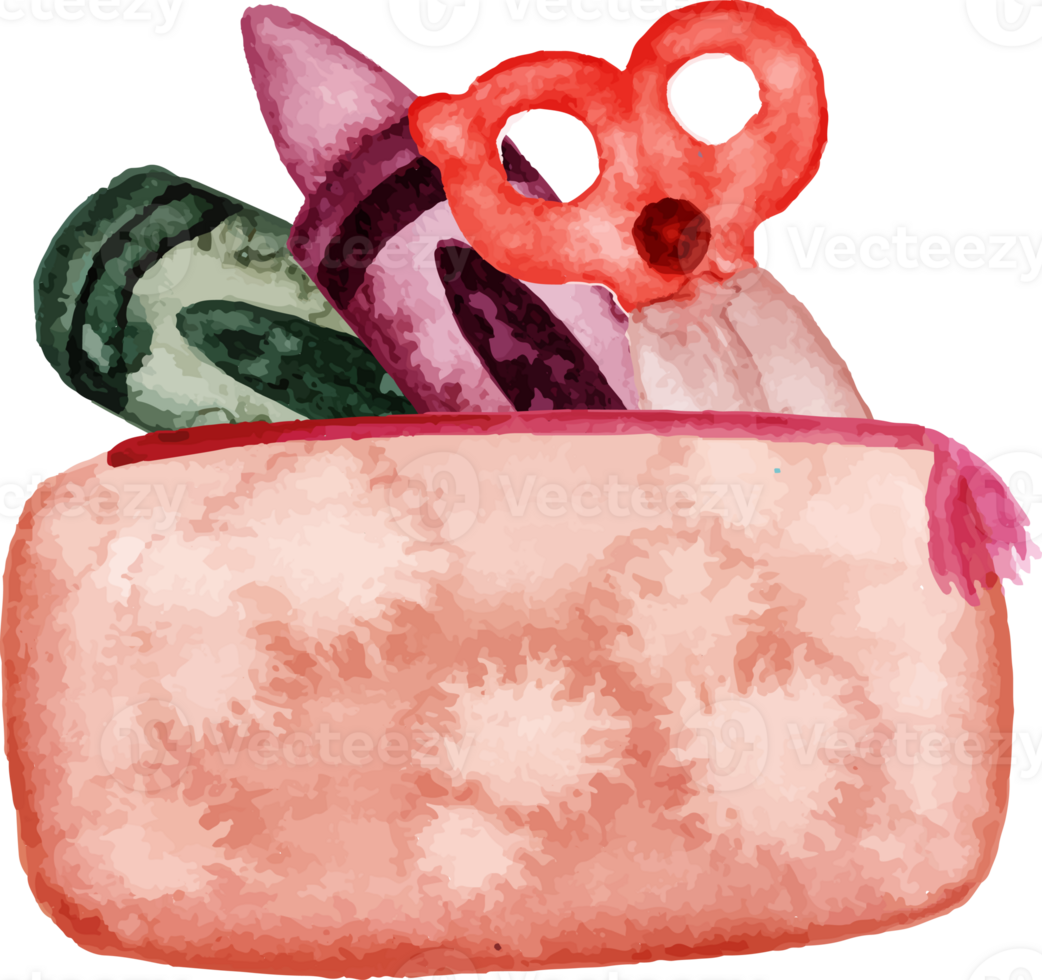 a pencil case with scissors and other items png