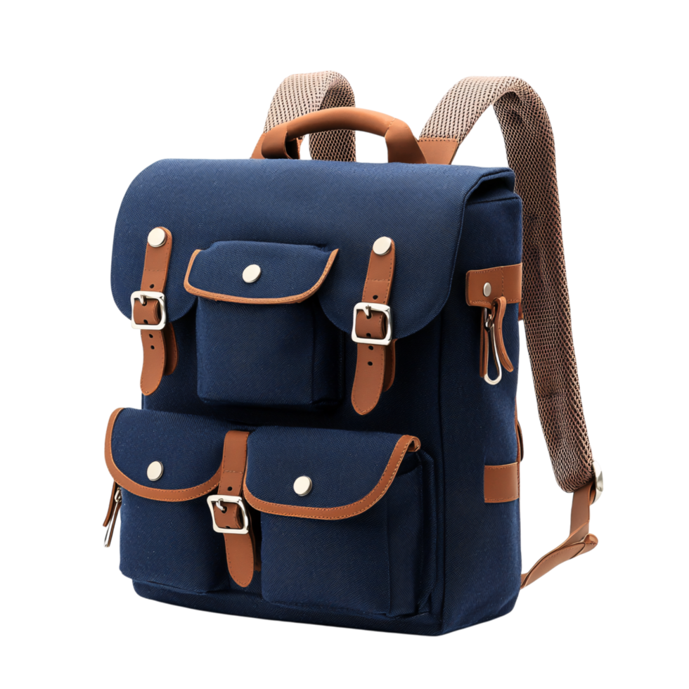 A Blue Canvas Backpack with Leather Straps png