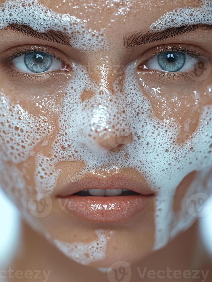 A close-up of a woman's face covered in cleansing foam, showcasing her clear blue eyes and smooth skin. photo