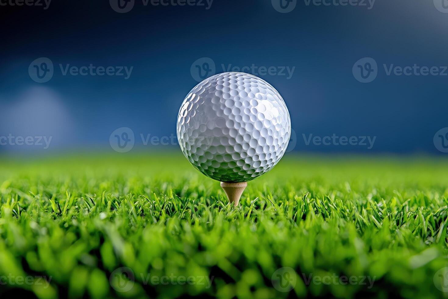 A close-up shot of a golf ball on a tee, set against a vibrant green grass backdrop, capturing the essence of the game. photo