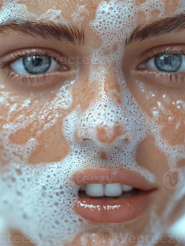 A close-up of a young woman's face covered in cleansing foam, showcasing her radiant skin and bright blue eyes. photo
