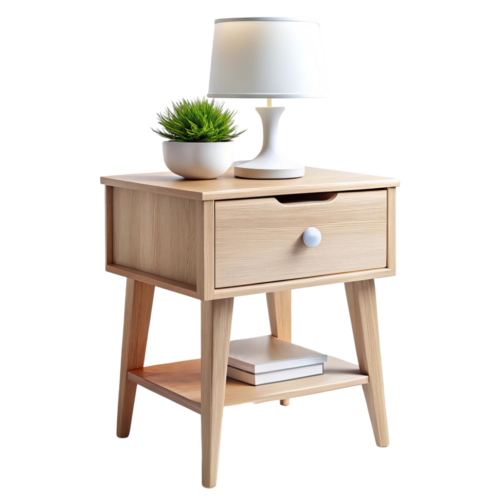 Stylish Light Wood Nightstand with Lamp and Plant png