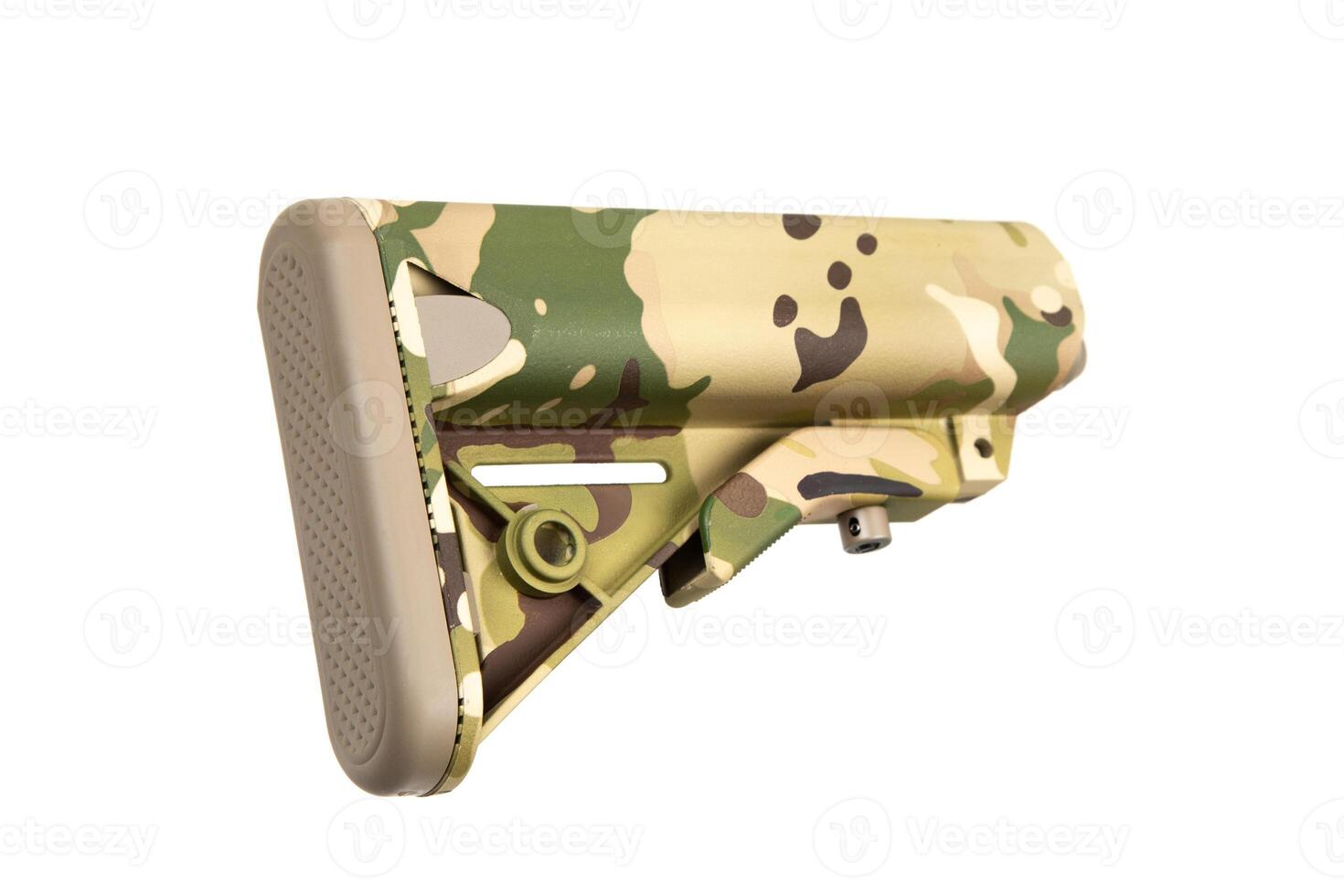 Close-up of a military-style adjustable rifle stock in camouflage, made of polymer material, isolated on white. photo