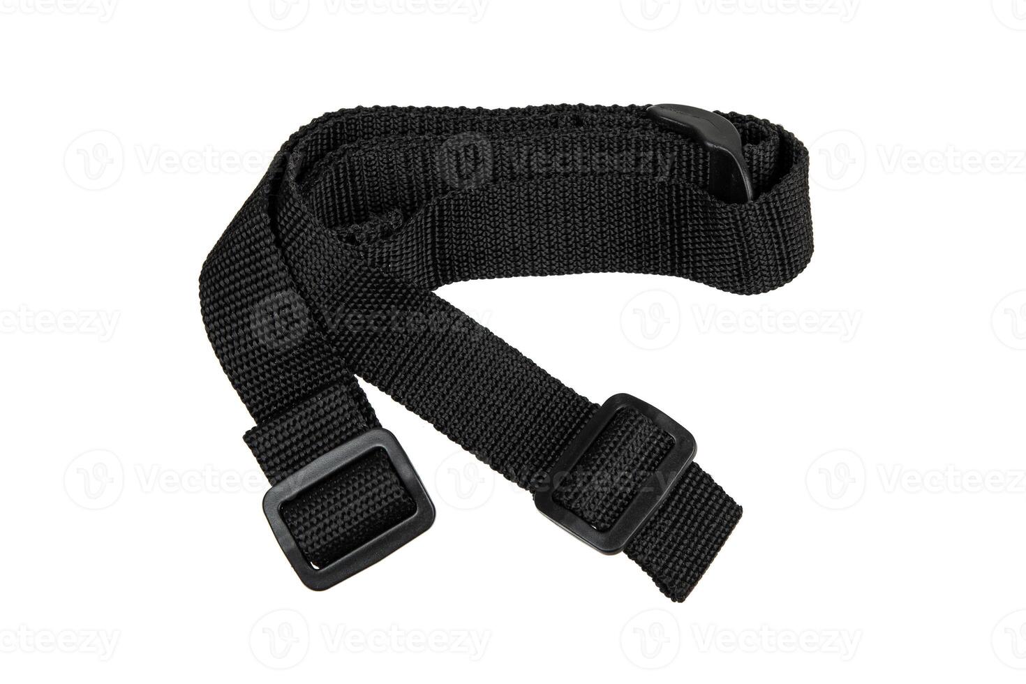 Black adjustable nylon strap with plastic buckles, isolated on white background. photo