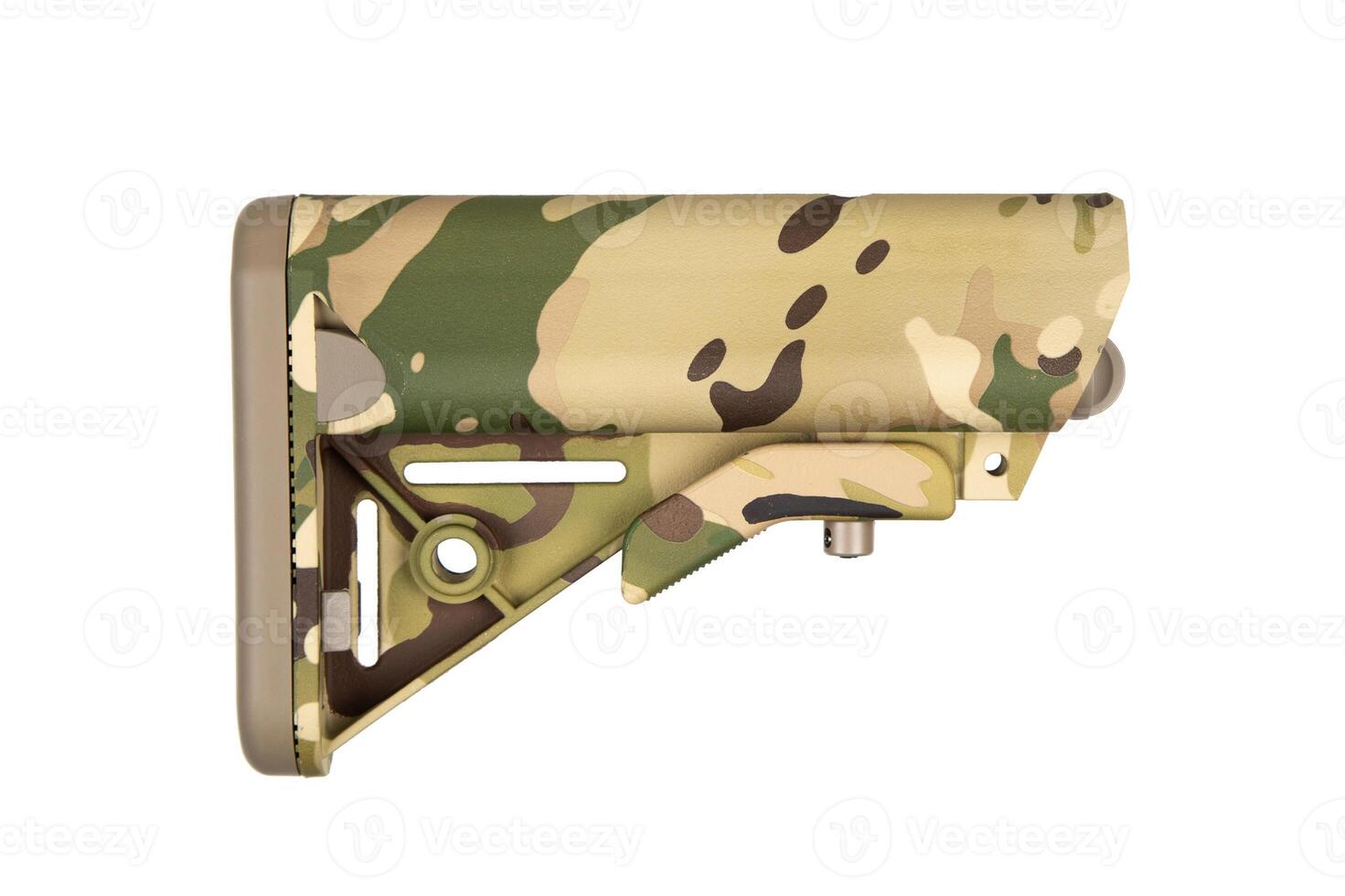 A polymer camouflage rifle stock with an ergonomic and adjustable military-style design, featured in a close-up, isolated on a white backdrop. photo