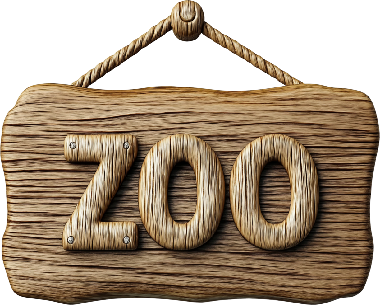 A wooden sign with the word zoo hanging from a rope png