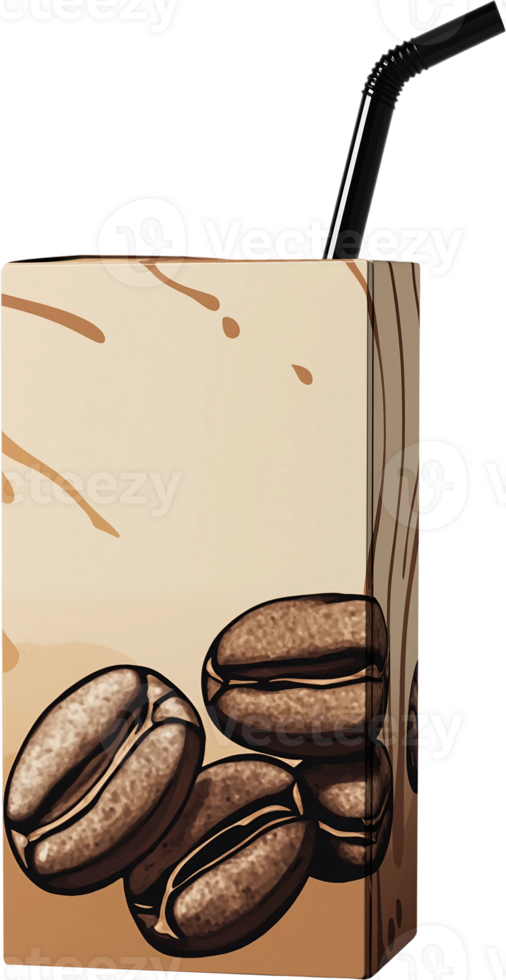 Coffee beans and a straw in a wooden box png