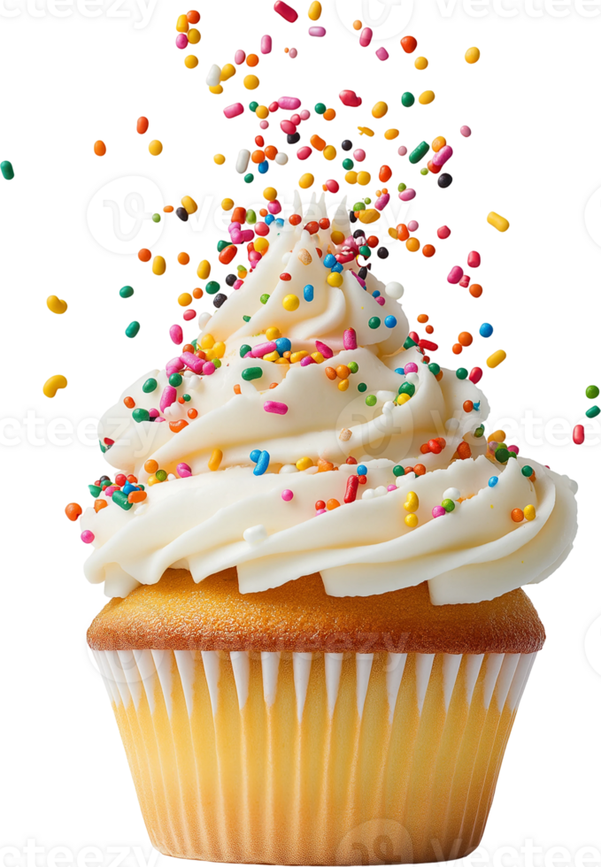 A cupcake with white frosting and sprinkles png