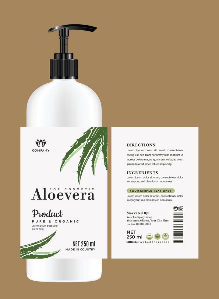 Modern, minimalist aloe vera lotion packaging label botanical, clean typography, and organic theme, perfect for cream skincare branding with elegant design. vector