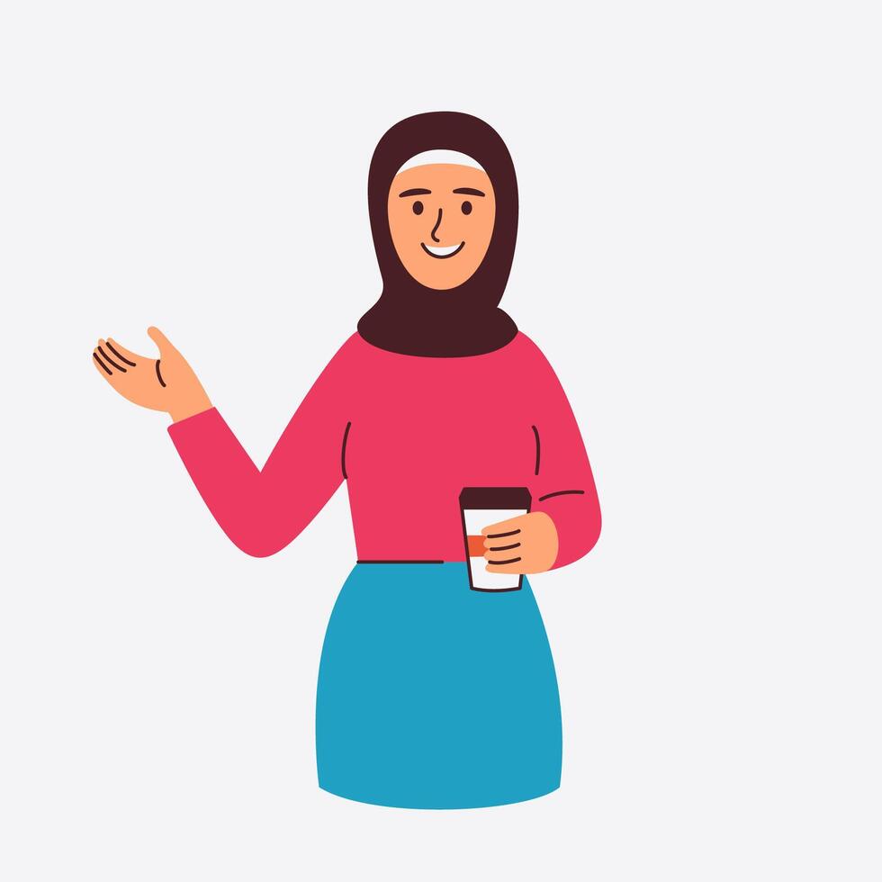 A smiling woman in a hijab gestures while holding a coffee cup vector