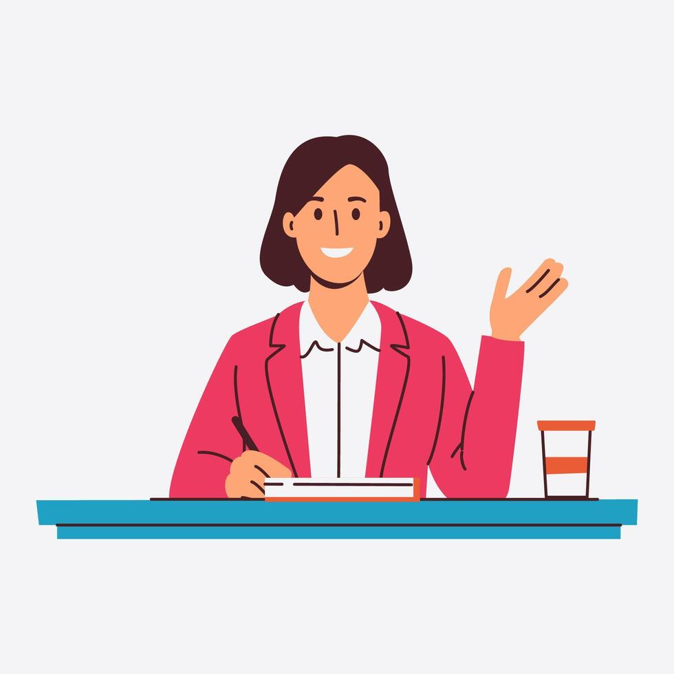 A smiling businesswoman sits at her desk taking notes and gesturing with her hand vector