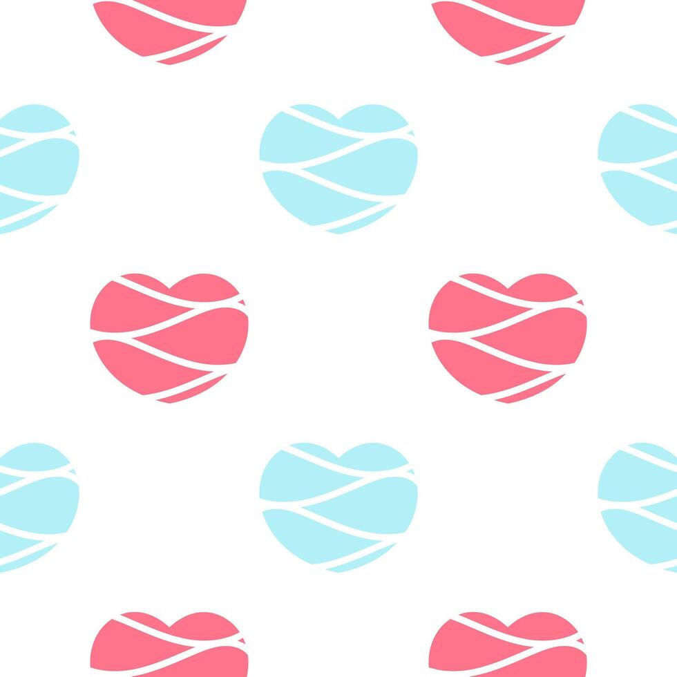 seamless pattern of pink and blue hearts with white lines like waves vector