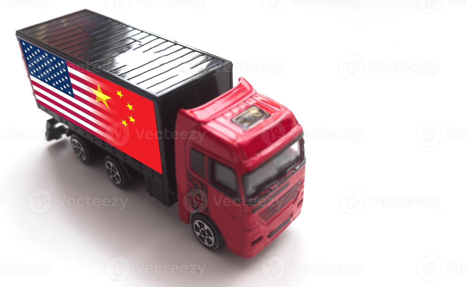 Mini toy of action figure and truck car at table with blurred background. Toy photography concept. Industrial shipping concept. Halal logo and China flag design. Fresh and healthy Chinese food. photo