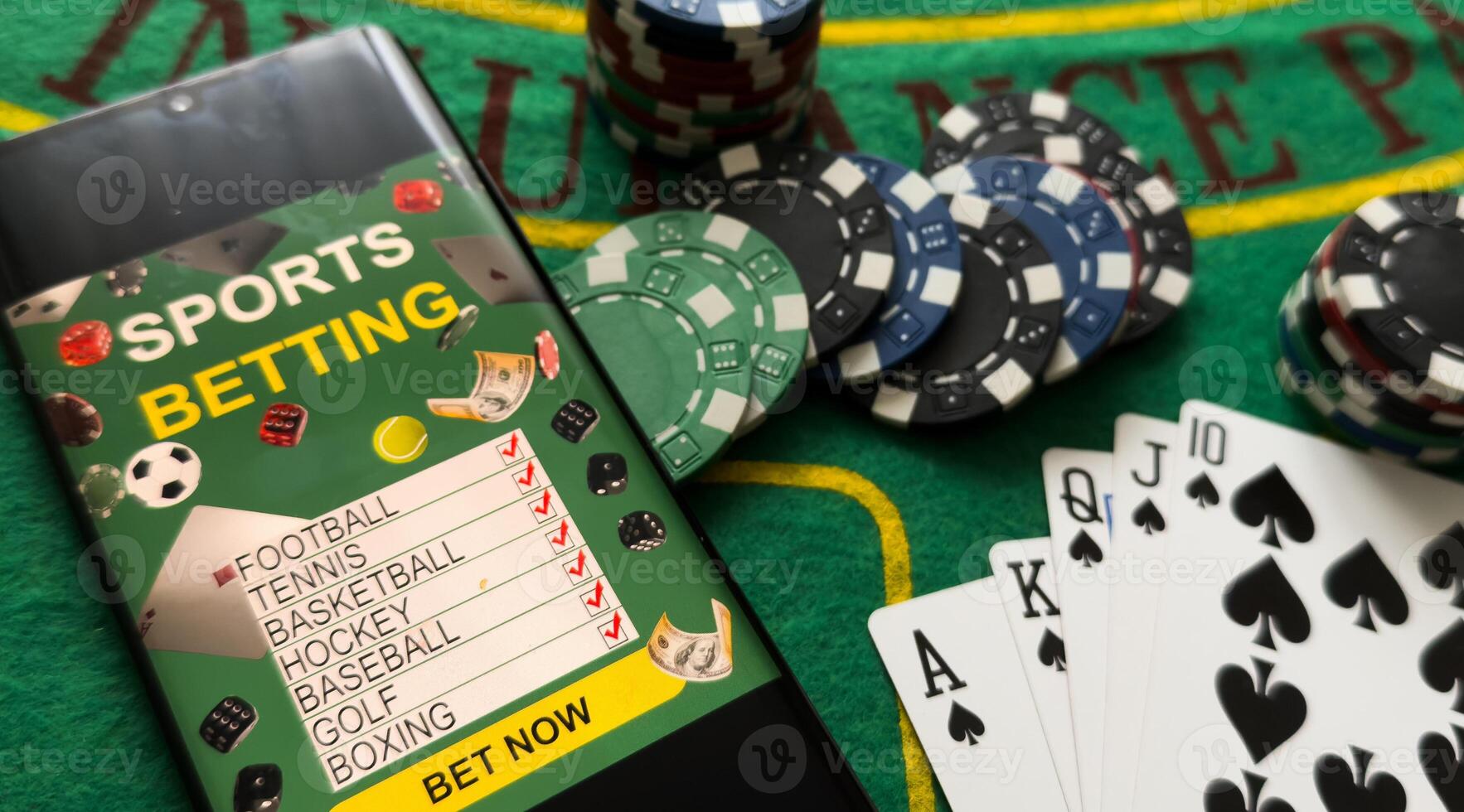 Online Poker casino banner with a mobile phone, chips, playing cards and dice. Marketing Luxury Banner Jackpot Online Casino with New model Smartphone. Empty advertising poster. photo