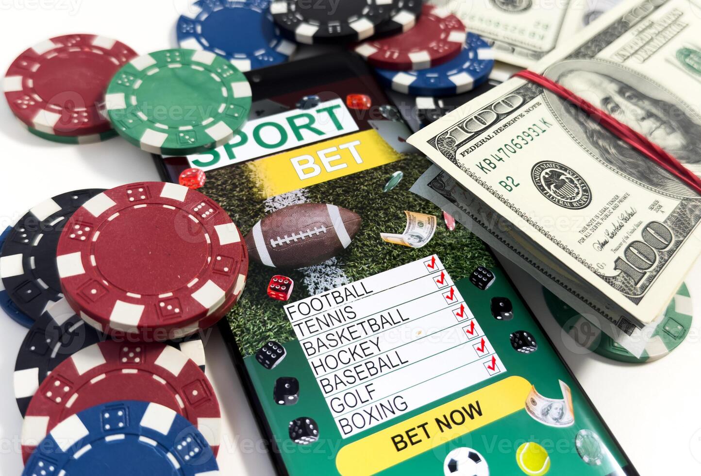 Gold inscription Sports Betting on a smartphone on the background of the stadium. Bets, sports betting, bookmaker. Mixed media. photo