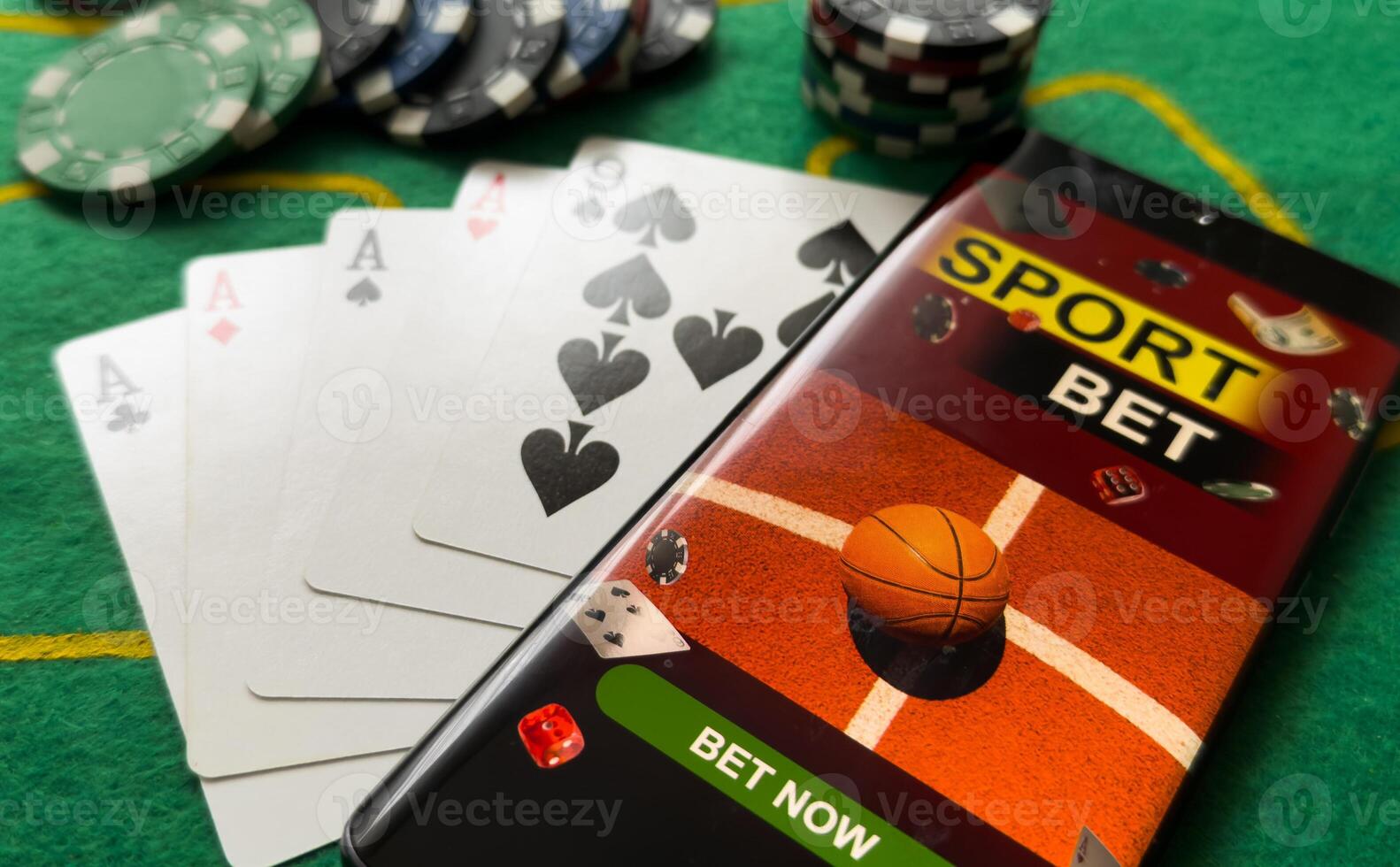 Online poker concept. Smartphone and poker chips on a green background. Poker online banner. Copy space. Vignette. Place for text. Gambling. Background photo