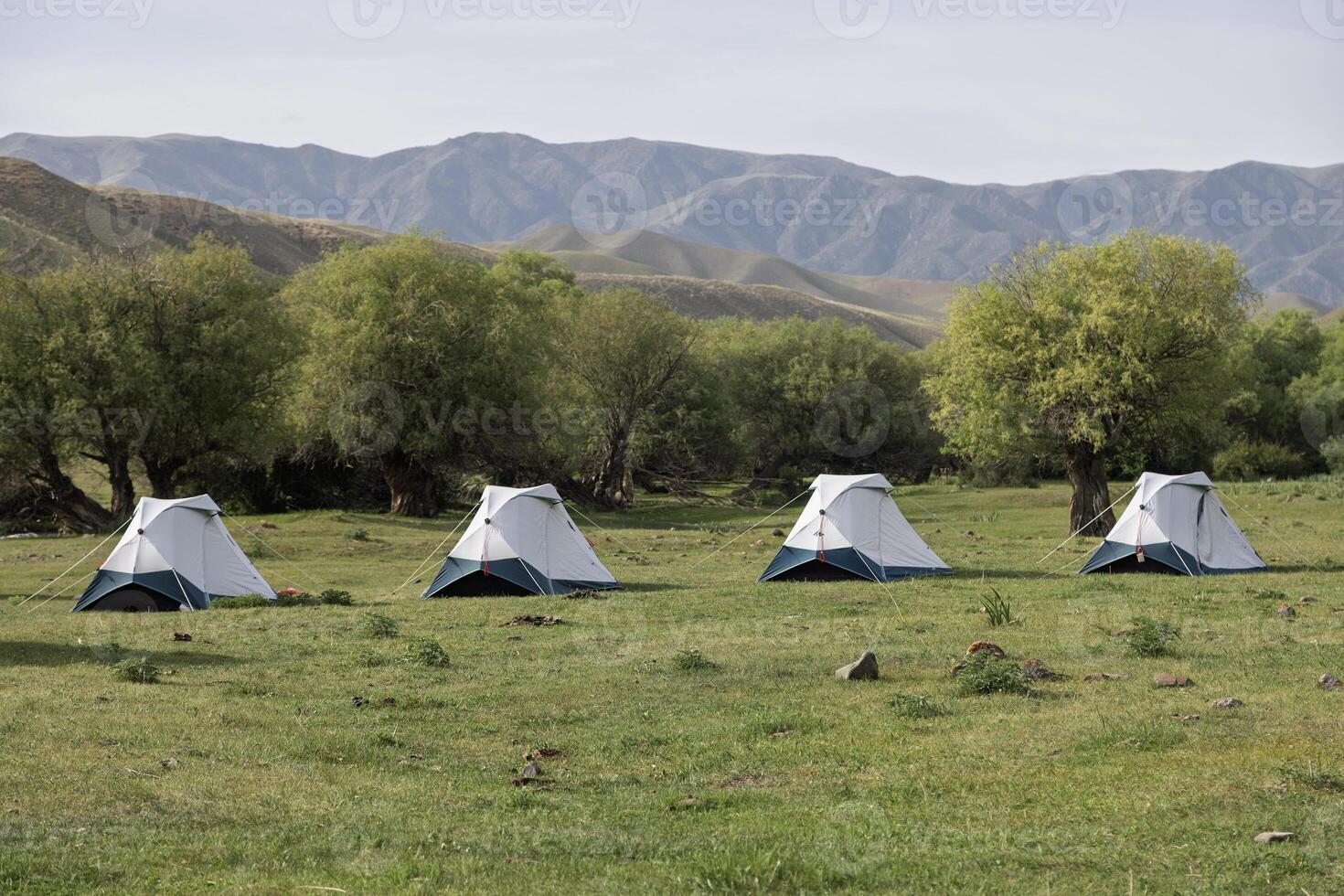 Gray camping tents in the scenic nature of Kazakhstan, surrounded by green hills and sunlight. photo