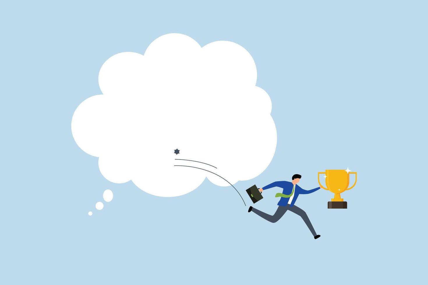 Turn dream to reality, businessman with success award leaps from thought bubble into reality vector