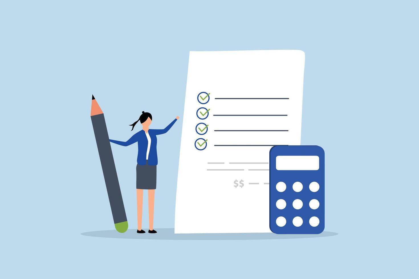 Project cost estimation, businesswoman with calculator estimate cost from project document vector