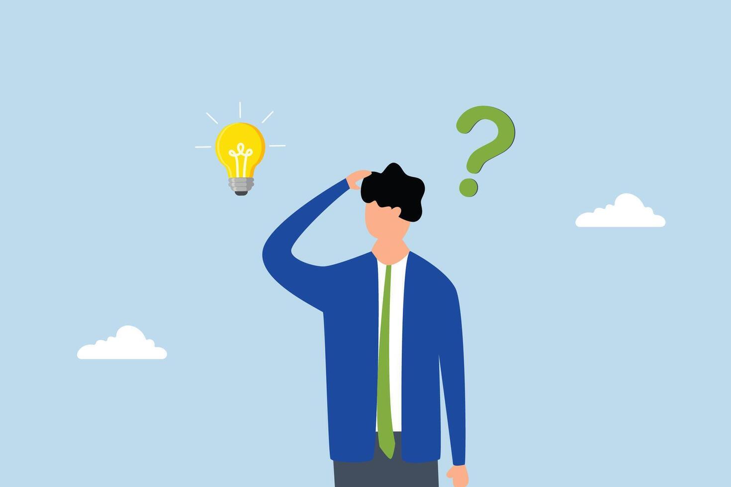 Solution to solve problem, Entrepreneur considers way to address an issue regarding lightbulb and question mark vector