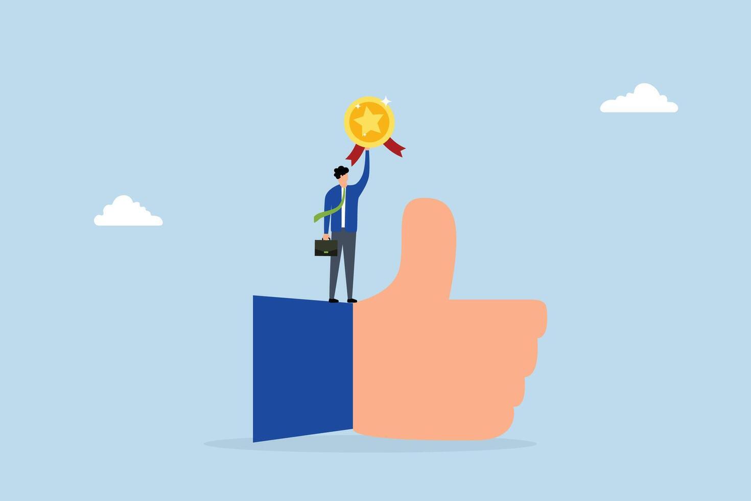 Employee of the month, Successful businessman manager commemorating employee achievement with large thumbs up emblem vector
