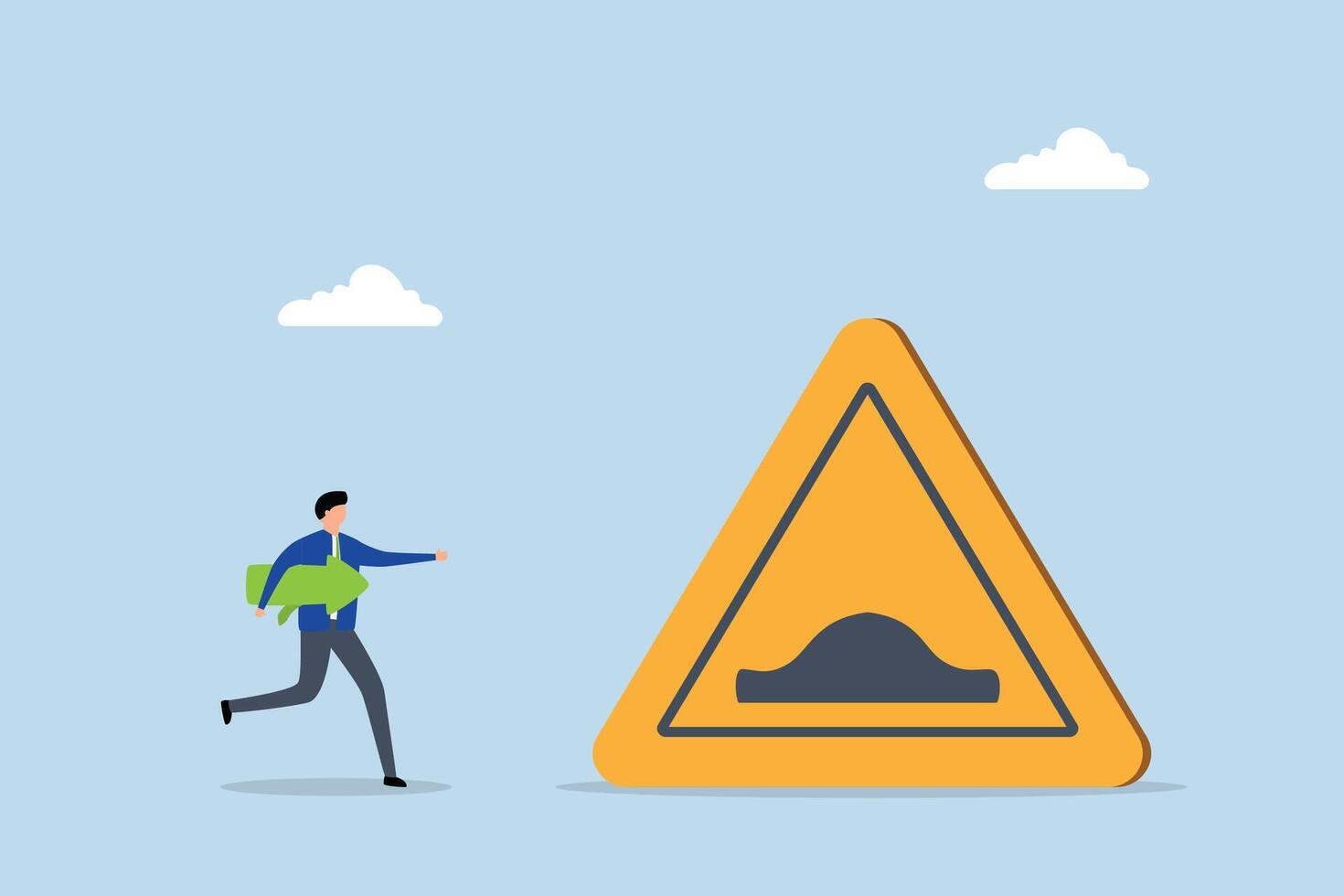 Business slow down due to obstacles, entrepreneur racing with arrow to locate speed bump caution sign vector