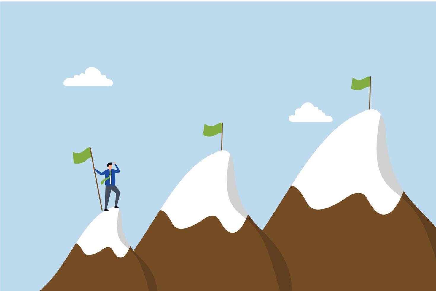 Ambition to success and achieve target, driven entrepreneur ascends mountain summit intending to reach greater goals vector