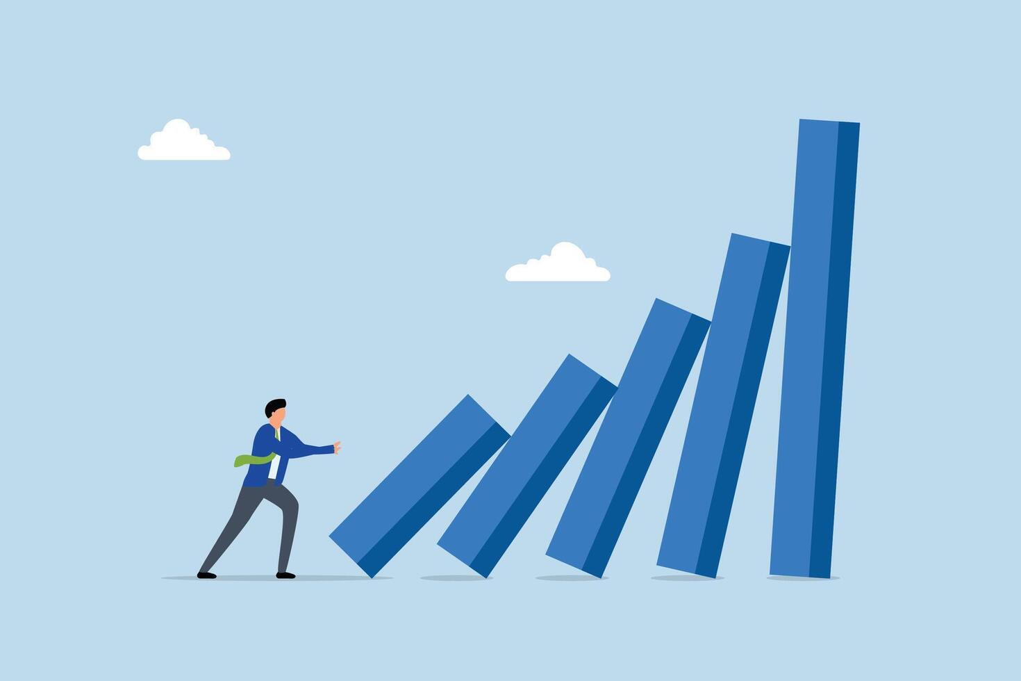 Small tiny habits to change or increase productivity, businessman pushing tiny domino to make bigger one fall vector