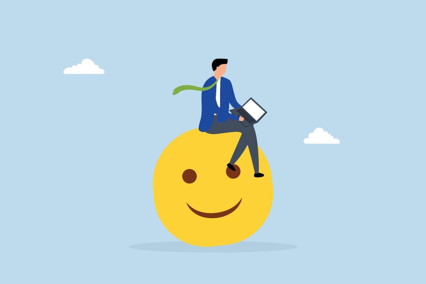Work happiness, content entrepreneur using computer with a cheerful expression vector