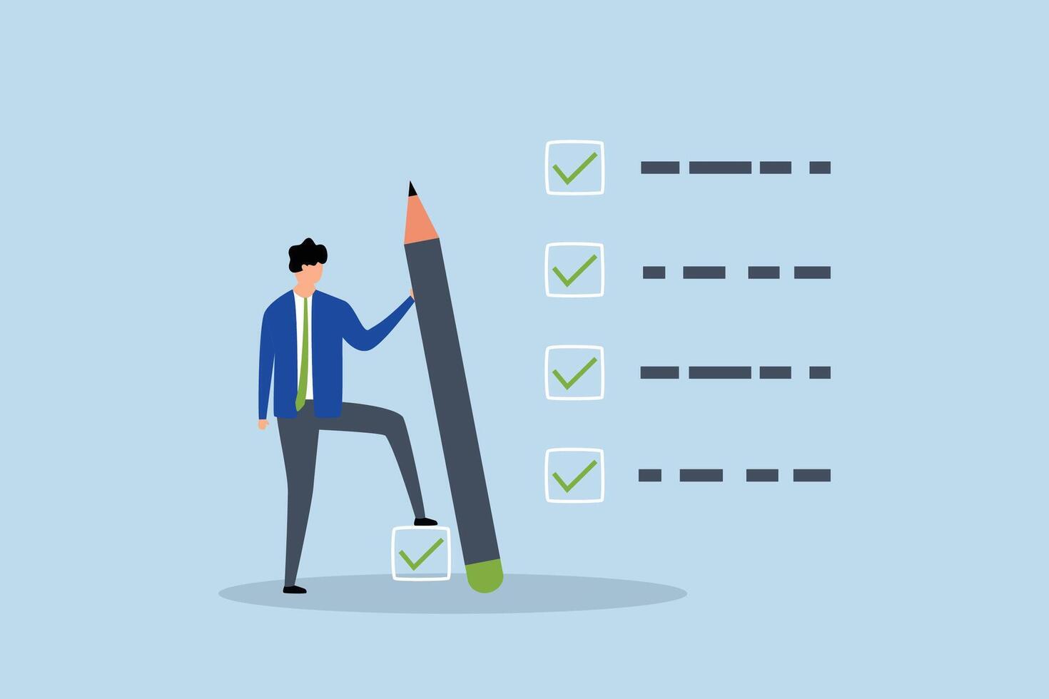 Getting things done, businessman expert holding pencil tick all completed task checkbox vector