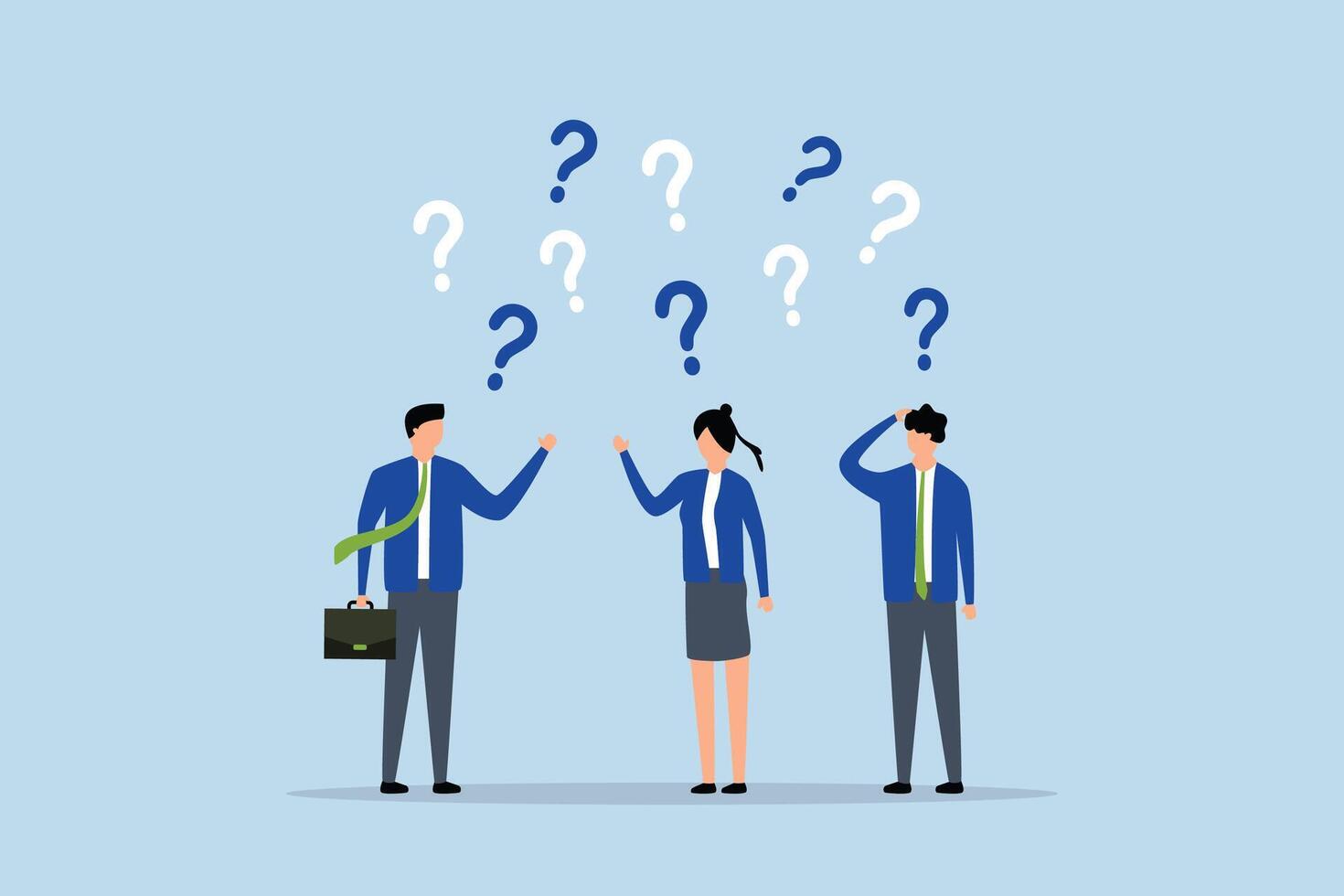 Confused people with confusion problem, businessman and businesswoman with numerous perplexed question marks vector
