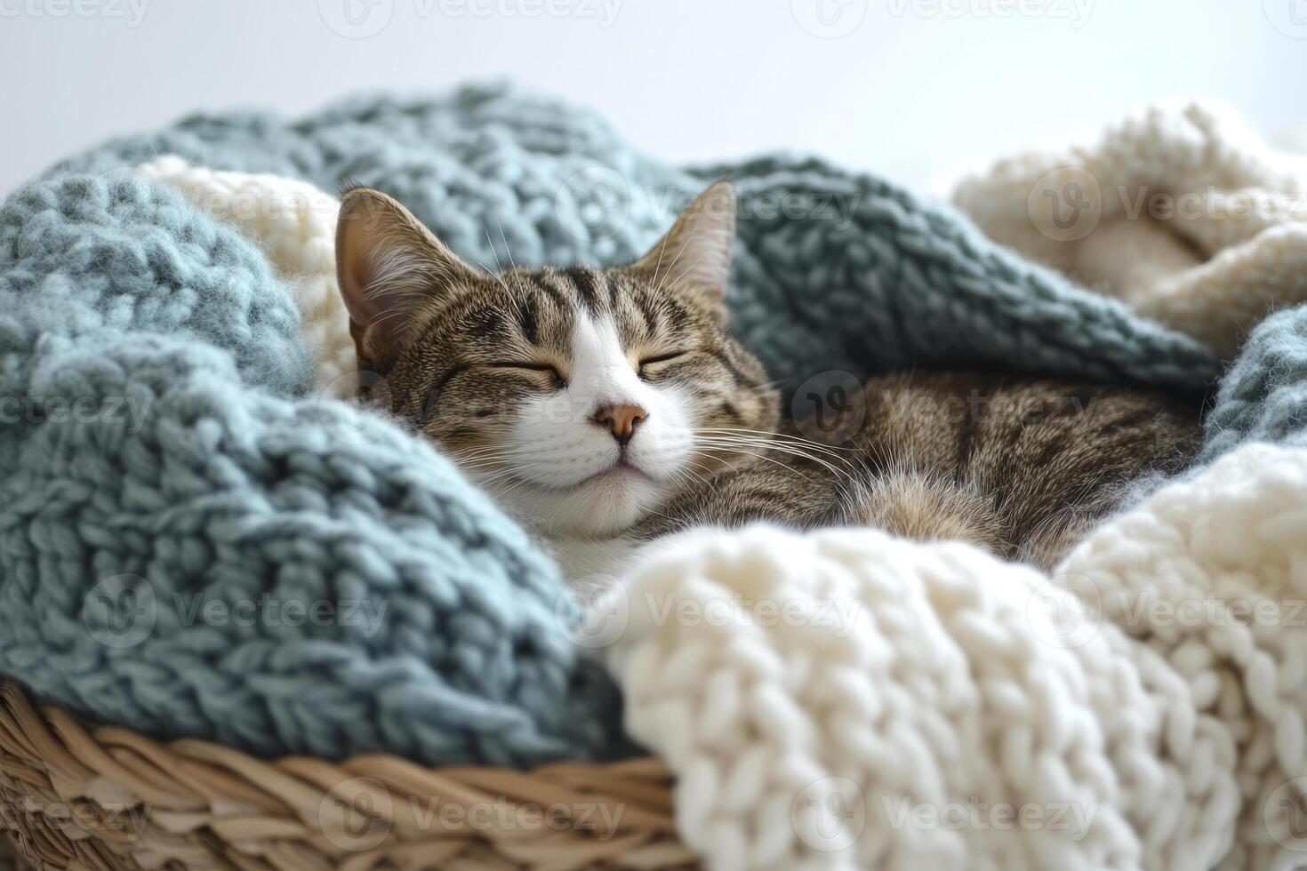 Cat napping in a basket lined with knitted blanket photo