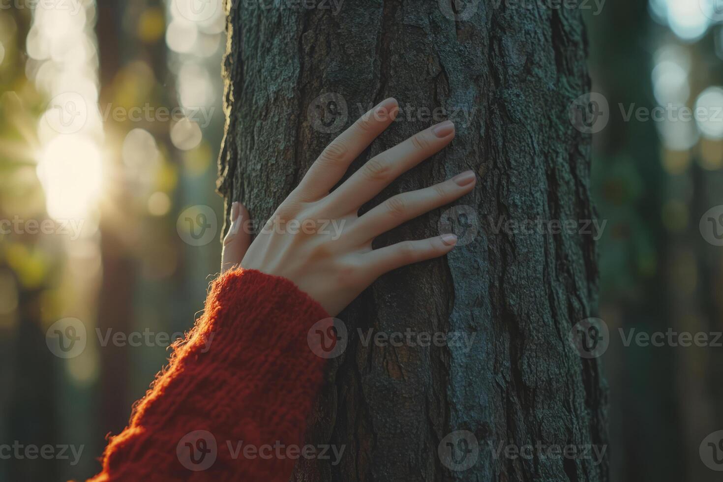 Hand touching a tree trunk in a peaceful forest photo