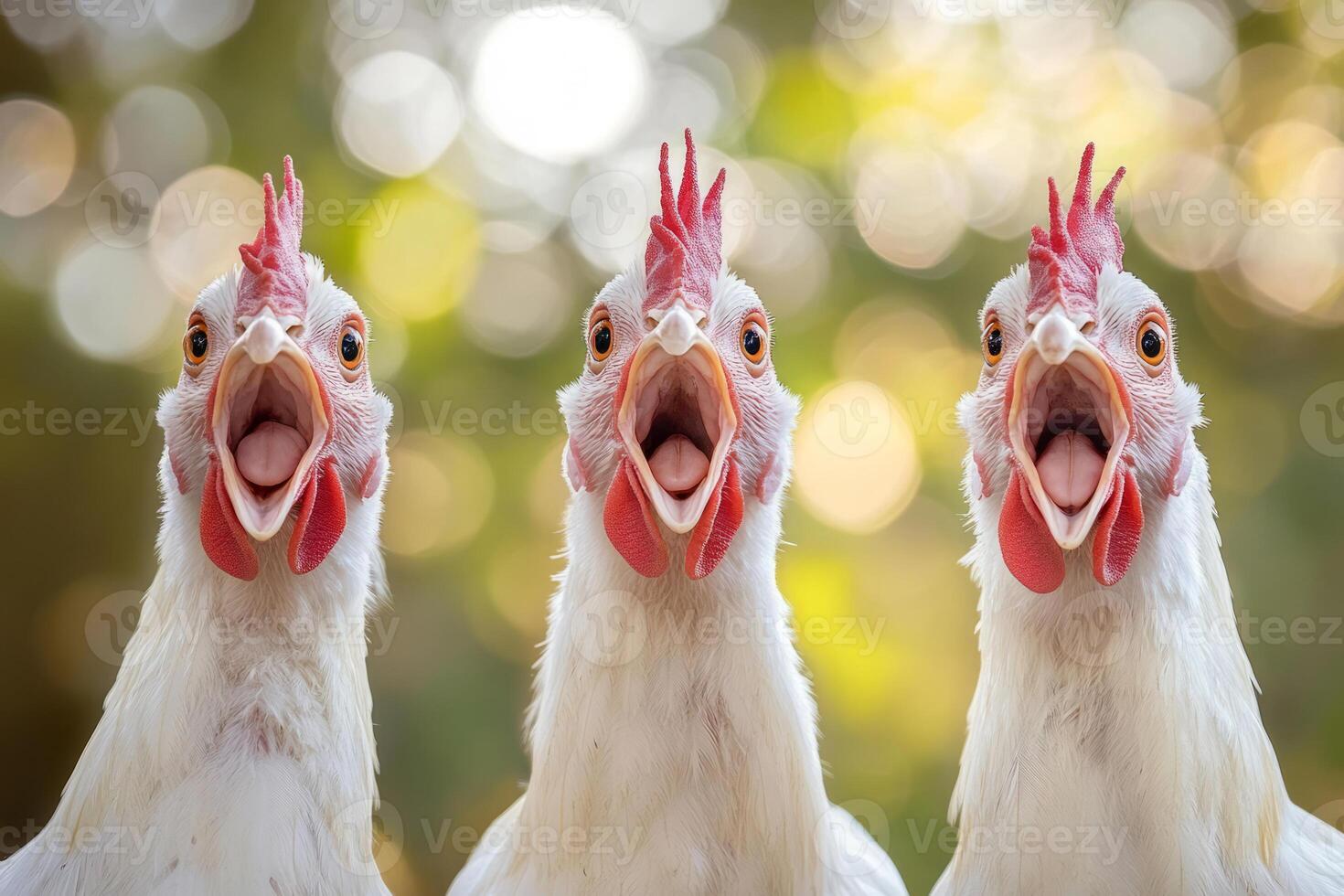Three surprised white chickens with open beaks photo