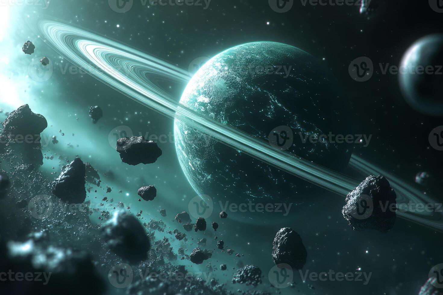 Ringed planet with asteroids in deep space photo