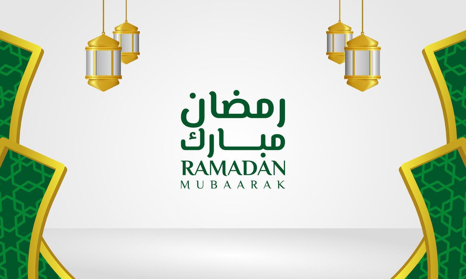 Luxurious Islamic background with green and gold accents, featuring Ramadan Mubarak text and lanterns. Perfect for Ramadan and Eid Fitr celebrations, blending elegance with festive charm. vector