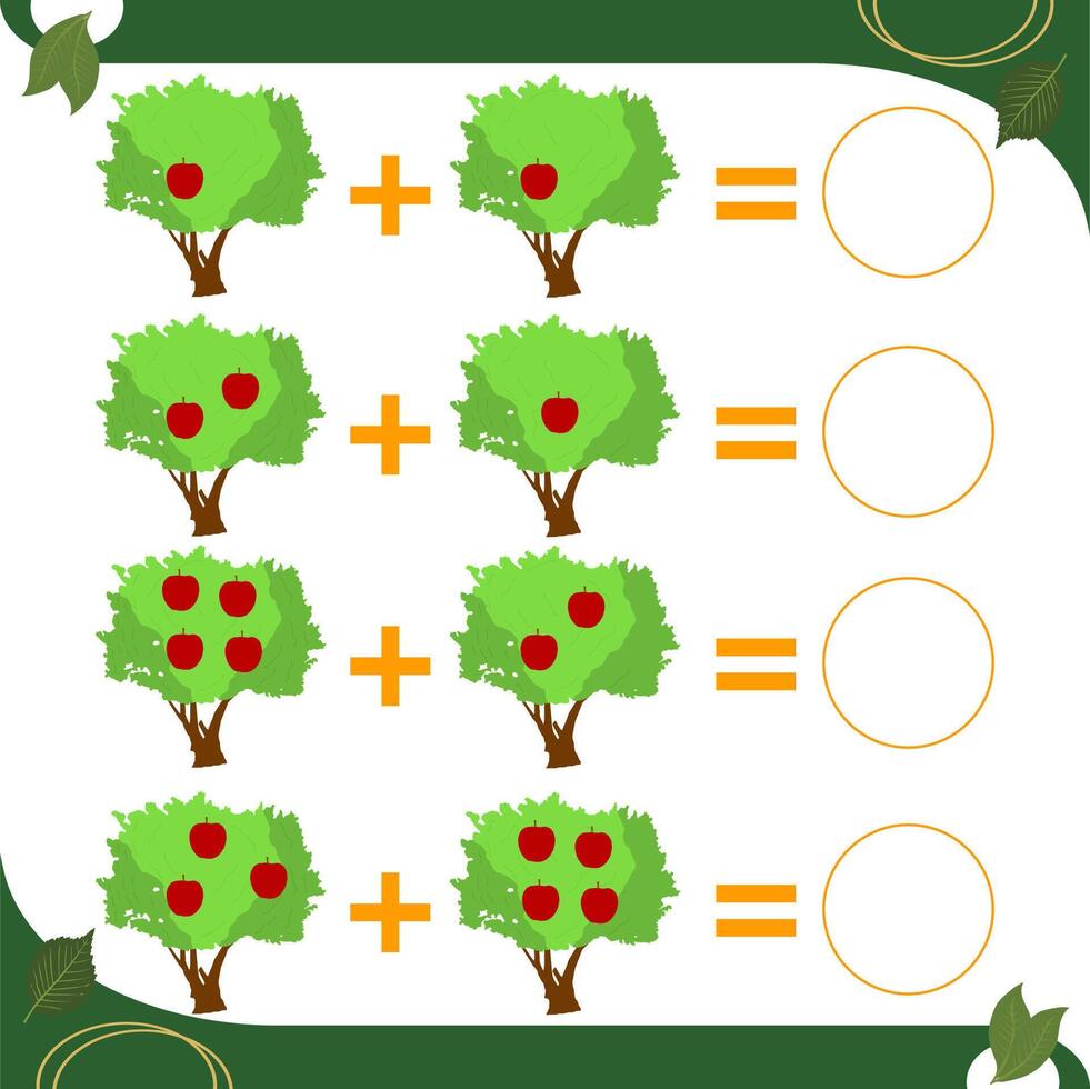 counting games for kids educational math games addition worksheet with apples on the tree vector